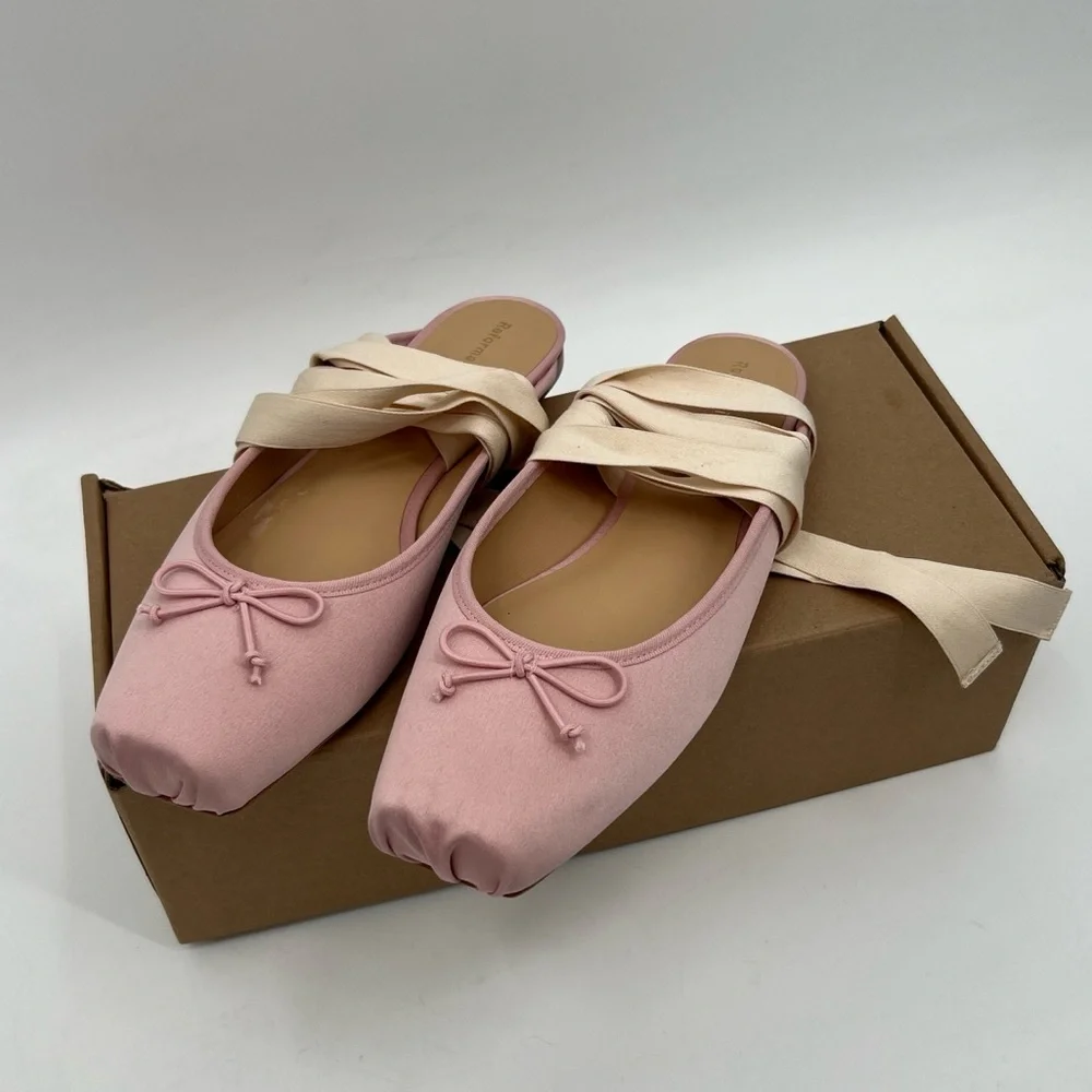 Reformation Pink Ballet Slip-On Ribbon Megan Powder Pink Lace Up Ballet Flats 7 - Picture 1 of 7